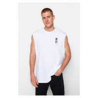 Trendyol White Oversize/Wide Cut Text Printed 100% Cotton Sleeveless T-Shirt/Sleeve