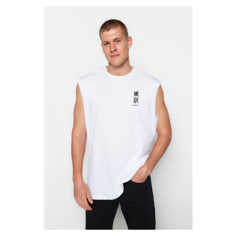 Trendyol White Oversize/Wide Cut Text Printed 100% Cotton Sleeveless T-Shirt/Sleeve