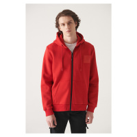 Avva Men's Red Hooded 3 Thread Inner Fleece Printed Zipper Regular Fit Sweatshirt