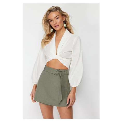 Trendyol Khaki Belted Mini Woven Linen Blend Short Skirt