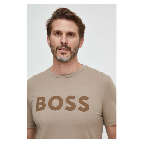 Bavlněné tričko BOSS BOSS CASUAL hnědá barva, s potiskem Hugo Boss