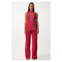 Happiness İstanbul Women's Dark Pink Pleated Sleeveless Knitted Blouse Palazzo Pants Set