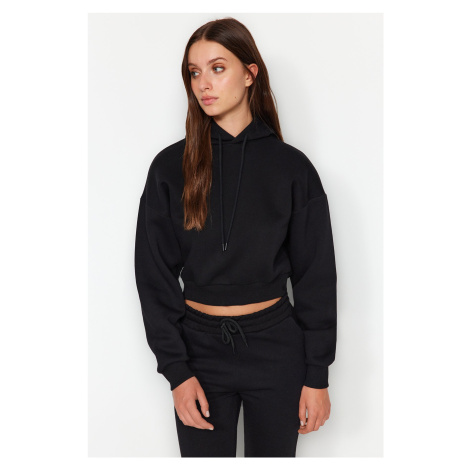 Trendyol Black Thick Fleece Hooded Comfort Fit Crop Basic Knitted Sweatshirt
