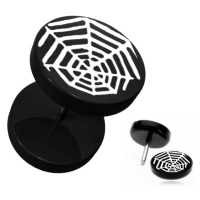 Černý kruhový fake plug do ucha - akrylový, pavoučí síť