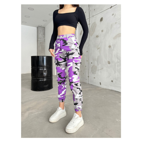 BİKELİFE Lilac Camouflage Pattern Gabardine Trousers with Cargo Pockets