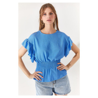 Olalook Women's Blue Bat Blouse with Elastic Waist and Frilly Sleeves