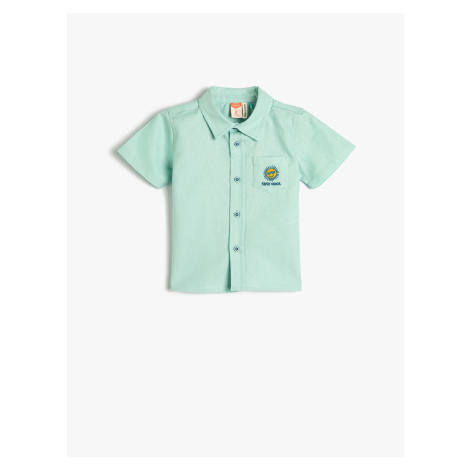 Koton Linen-Mixed Shirt with Short Sleeves and Pockets. Embroidered Detail.