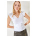 Olalook Women's White Shoulder And Skirt Detailed Front Back V Knitwear Blouse