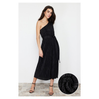 Trendyol Black Belted Midi Single Sleeve Flexible Knitted Midi Dress
