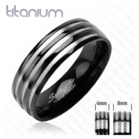 Titanový snubní prsten - se třemi stříbrnými pruhy, černý