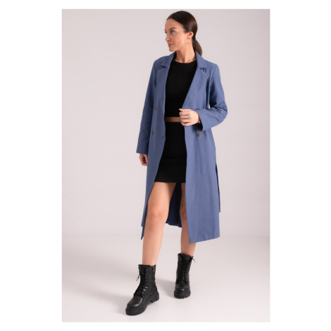 armonika Women's Dark Blue Double Breasted Collar Waist Belted Long Trench Coat