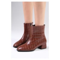 Mio Gusto Alexia Brown Crocodile Patterned Thin Fur Lined Flat Toe Women's Heeled Boots