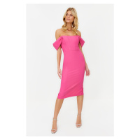 Trendyol Pink Fitted Evening Dress with Woven Corset Detail