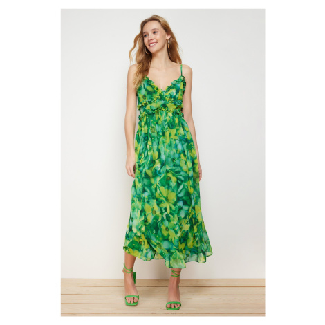 Trendyol Green Floral Print A-Cut Ruffle Detailed Lined Chiffon Maxi Woven Dress