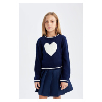 DEFACTO Girl Navy Blue Standard Fit Crew Neck Heart Knitted Sweater