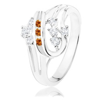 Prsten ve stříbrné barvě, dvojitá spirála s oranžovými a čirými zirkony