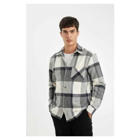 DEFACTO Men's Gray Regular Fit Regular Cut Polo Collar Plaid Lumberjack Flannel Long Sleeve Shir