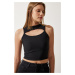 Happiness İstanbul Women's Black Cut Out Detail Ribbed Crop Knitted Blouse