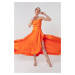 Lafaba Women's Orange Satin Evening &; Prom Dress with Ruffles and a Slit