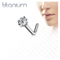 Zahnutý piercing do nosu z titanu - čtvercový broušený zirkon v kotlíku - Tloušťka piercingu: 1 