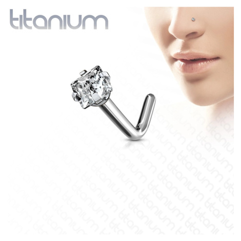 Zahnutý piercing do nosu z titanu - čtvercový broušený zirkon v kotlíku - Tloušťka piercingu: 1  Šperky eshop