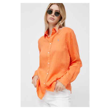 Plátěná košile Polo Ralph Lauren dámská, oranžová barva, relaxed, s klasickým límcem