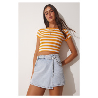 Happiness İstanbul Women's Orange Striped Cotton Knitted Crop T-Shirt