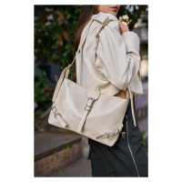 Madamra Cream Patent Leather Women's Belt Cornered Patent Leather Shoulder Bag