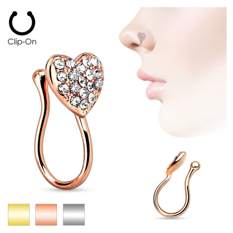 Falešný piercing do nosu z chirurgické oceli, blýskavé zirkonové srdíčko - Barva: Zlatá Šperky eshop