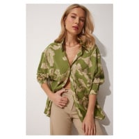 Happiness İstanbul Women's Green Patterned Oversized Cotton Satin Shirt