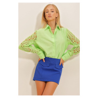 Trend Alaçatı Stili Women's Lime Green Guipure Woven Shirt