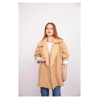 Laluvia The Camel Sleeves are Foldable, Detailed One-Button Boucle Coat.