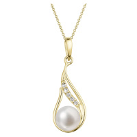 Evolution Group Zlatý 14 karátový náhrdelník slza s bílou říční perlou a brilianty 92PB00042