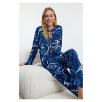 Trendyol Navy Blue Ethnic Patterned Tie/Ribbon/Bow Detailed Woven Pajama Set