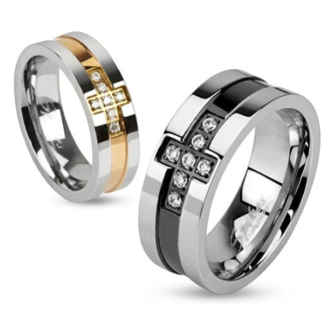 Prsten z oceli se zirkonovým křížem a pásem měděné barvy, 6 mm Šperky eshop