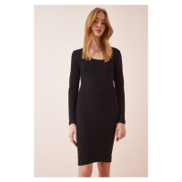 Happiness İstanbul Women's Black Square Collar Lycra Ribbed Knitted Dress
