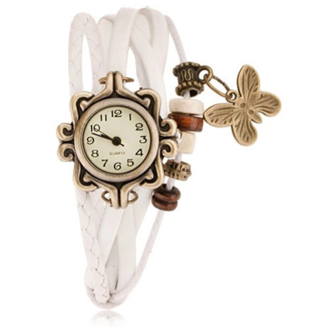 Analogové hodinky, ozdobně vyřezávané, bílý pletený řemínek, korálky Šperky eshop