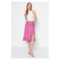 Trendyol Fuchsia Printed High-waist Midi, Elastic Knitted Skirt with Ruffles and Ruffle Details