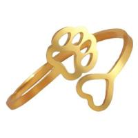 STYLE4 Prsten s nastavitelnou velikostí - psí tlapka a srdce, zlatá ocel