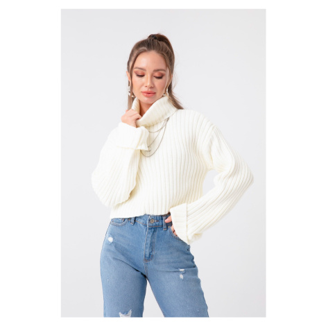 Lafaba Dámský Ecru široký žebrovaný rolák Crop Sweater