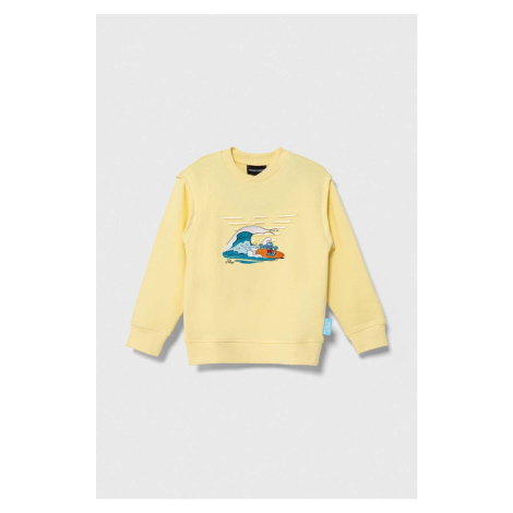Dětská bavlněná mikina Emporio Armani x The Smurfs žlutá barva, s aplikací