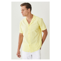 ALTINYILDIZ CLASSICS Men's Yellow Comfort Fit Comfy Cut Monocollar Short Sleeved Straight Linen 