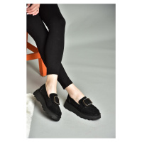 Fox Shoes R820220102 Women's Black Suede Thick Soled Shoes.