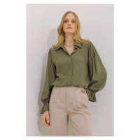 Trend Alaçatı Stili Women's Khaki Flounce Sleeve Viscon Woven Shirt