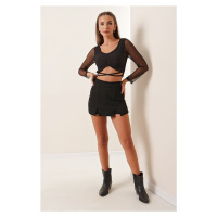 By Saygı Steel Interlock Lycra Short Skirt With Double Slits In The Front, Black