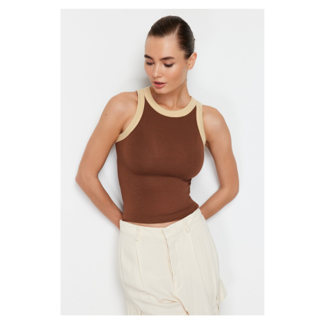 Trendyol Brown Barbell Neck Contrast Piping Detail Ribbed Elastic Knitted Undershirt