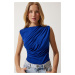 Happiness İstanbul Women's Cobalt Blue Gathered Sleeveless Knitted Blouse