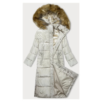 Dlouhá zimní bunda v ecru barvě s kapucí (V726)