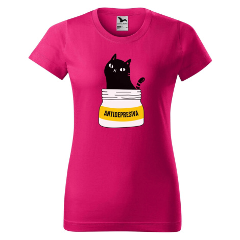 DOBRÝ TRIKO Dámské tričko s potiskem s kočkou ANTIDEPRESIVA Barva: Malinová