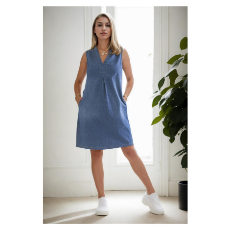 E1342 Dewberry Womens Washed Cotton Blue Denim Dress-BLUE